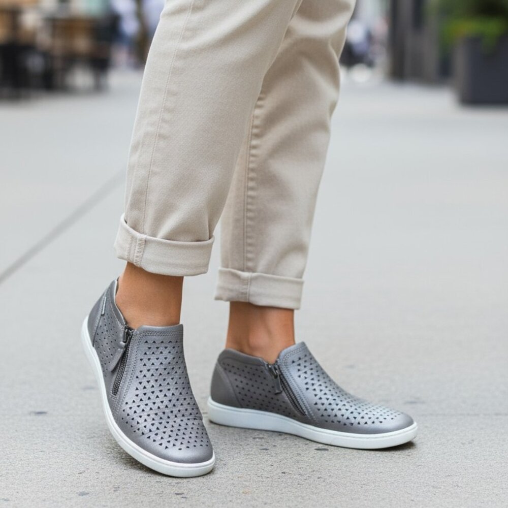 Ecco Shoes Women's Soft 7 Laser Cut Leather Zip Up Silver Flats Walking Shoes